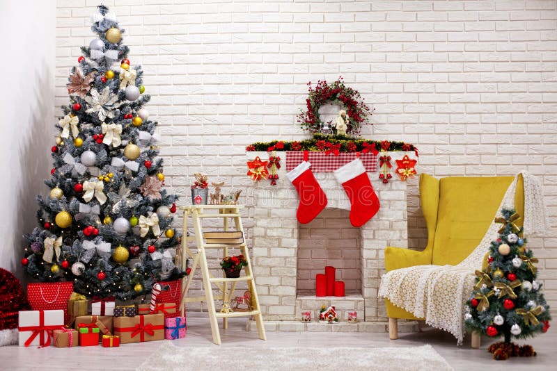 Classic Interior Room Decorated in Christmas Style with Christmas Tree