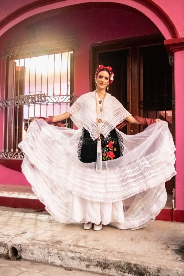 Classic Jarocha in White with Pink Background Editorial Stock Photo