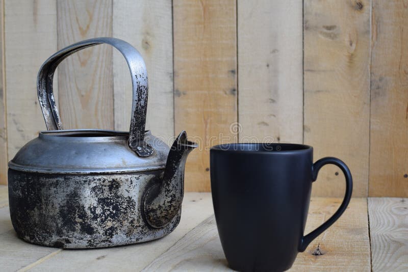 Classic Kettle with Black Coffee Cup on Wood Board Stock Image Image