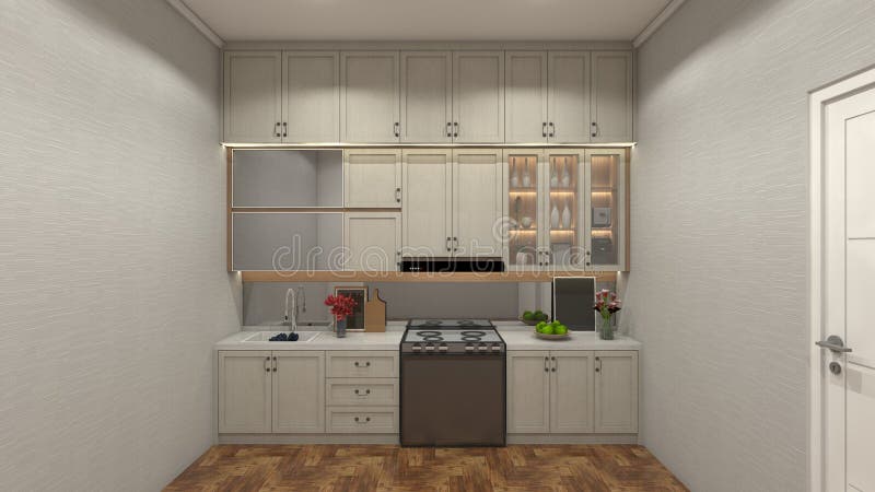 Classic Kitchen Design with Full Ceiling Cabinet and Standing Stove Stock Illustration ...