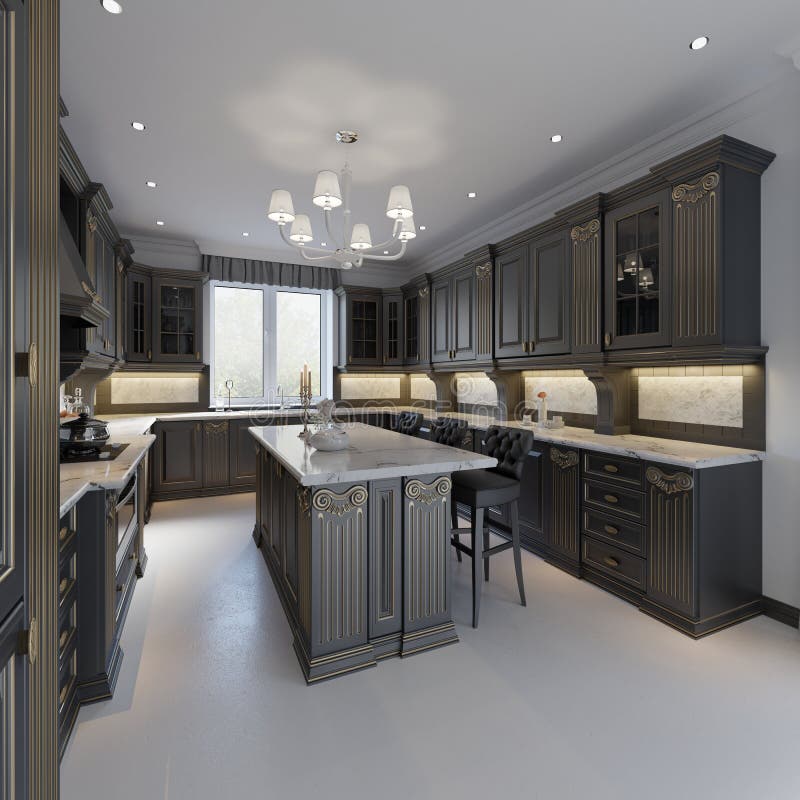 Classic kitchen, modern minimal interior design with wooden details. Residence, render.