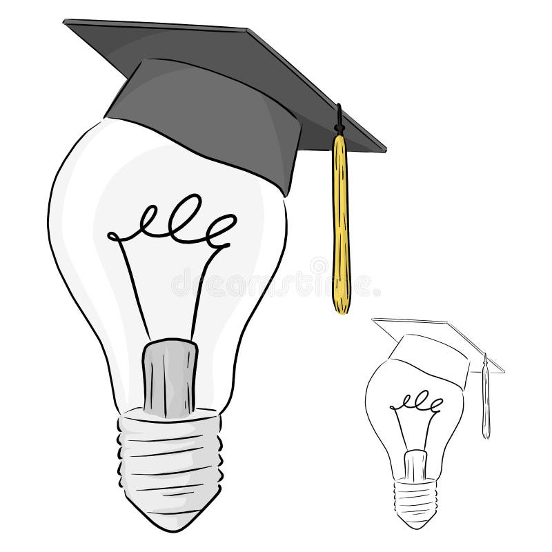 Classic light bulb with graduation cap vector illustration sketch doodle hand drawn with black lines isolated on white background. Graduation hat sketch vectors