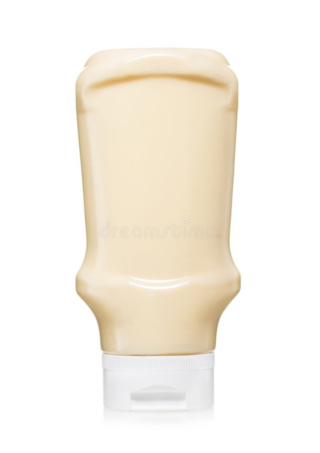 Classic Light Organic Mayonnaise in Plastic Bottle on White Background