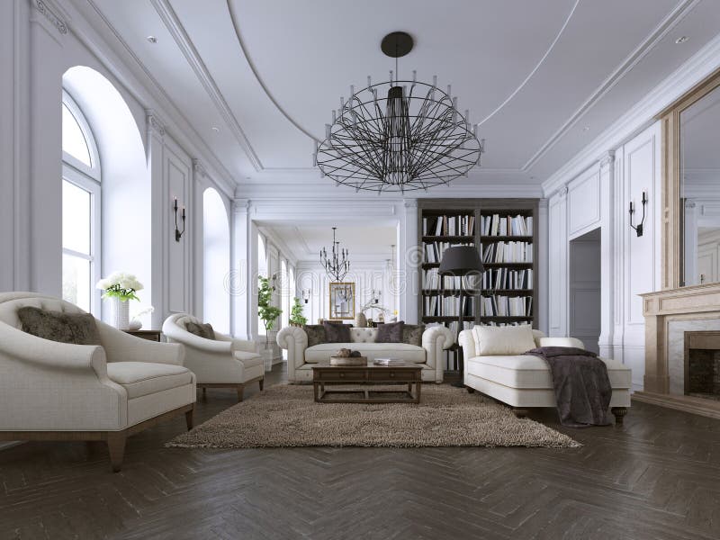 Classic living room, paneling and ceiling moldings over a herringbone hardwood floor furnished with white upholstered sofas and