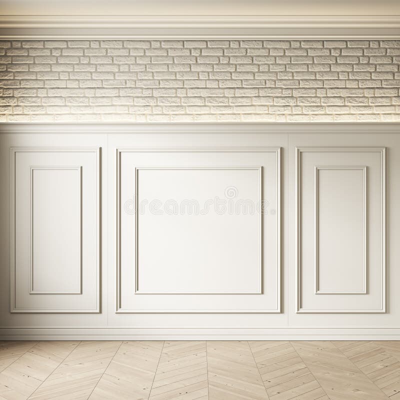 Classic Loft Interior with White Wall Panel, Moldings and Brick Wall