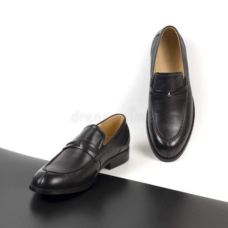 Classic Male Black Leather Shoes Isolated on a White and Black Stock ...