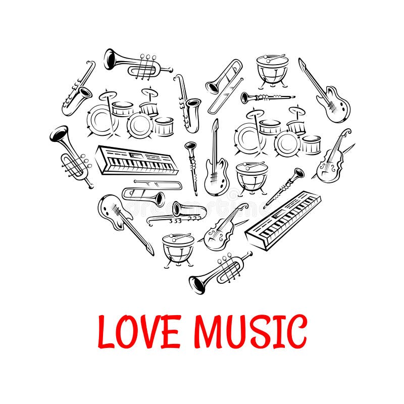 Drum, guitar, saxophone, trumpet, trombone, clarinet, violin and synthesizer sketch icons creating a silhouette of a heart. Love Music concept or classic orchestra concert design. Drum, guitar, saxophone, trumpet, trombone, clarinet, violin and synthesizer sketch icons creating a silhouette of a heart. Love Music concept or classic orchestra concert design