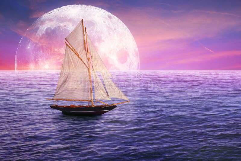 Classic Old Sailboat On Moonlight View Skyline Sky Light ...
