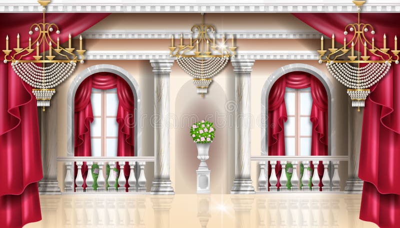 Classic Palace Interior Vector Background, Royal Castle Room, Red Curtain,  Golden Chandelier, Balustrade. Stock Vector - Illustration of background,  ballroom: 226072760