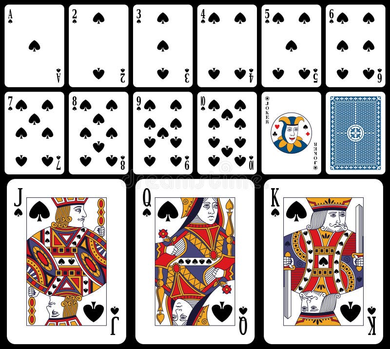 Classiche carte da gioco (potete trovare l'intero mazzo nel mio portafoglio) isolato su sfondo nero seme picche con joker e indietro.