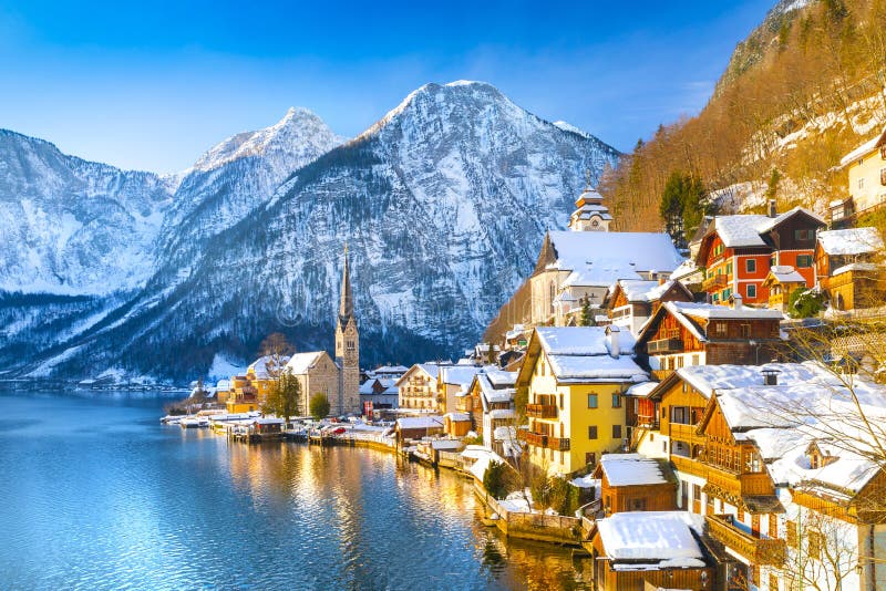 Hope Falls Classic-postcard-view-famous-hallstatt-lakeside-town-alps-traditional-passenger-ship-beautiful-cold-sunny-day-152088821