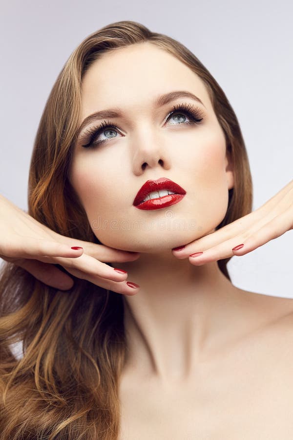 Classic Red Lips Girl Looking Up Stock Photo - Image of female, adult ...