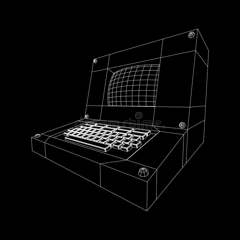Classic retro perconal computer. Programming code concept. Wireframe low poly mesh vector illustration. Old computer keyboard cpu monitor vectors