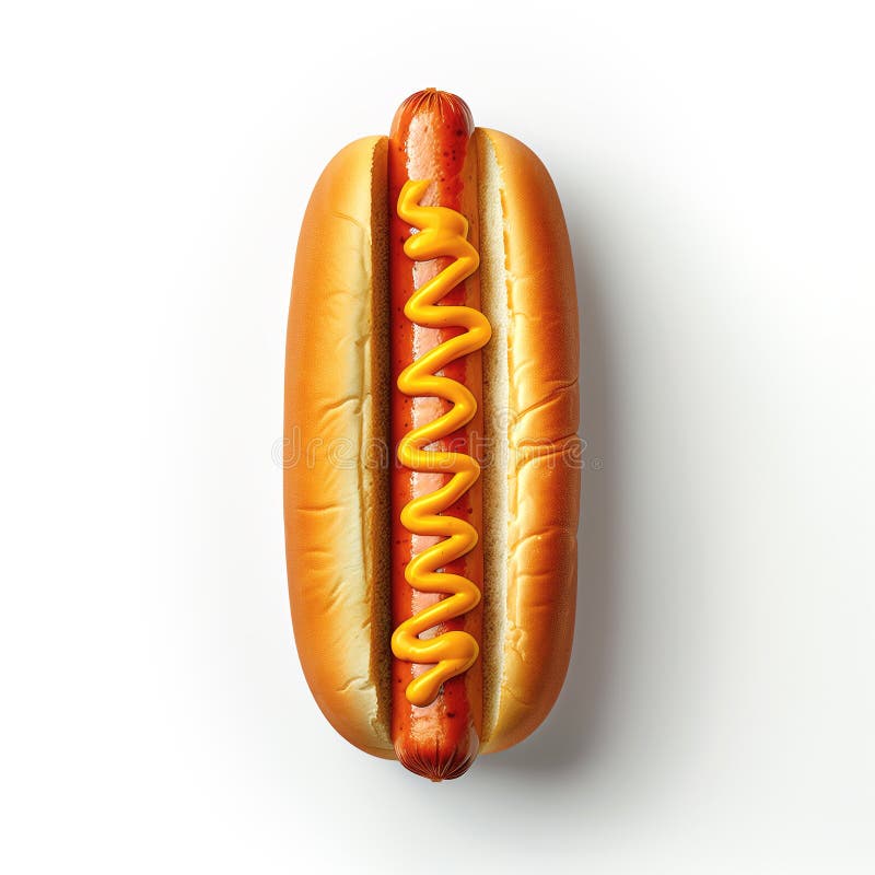 Classic simple hot dog with mustard, isolated on white background. Top view. Traditional American street food. Generative AI vector illustration