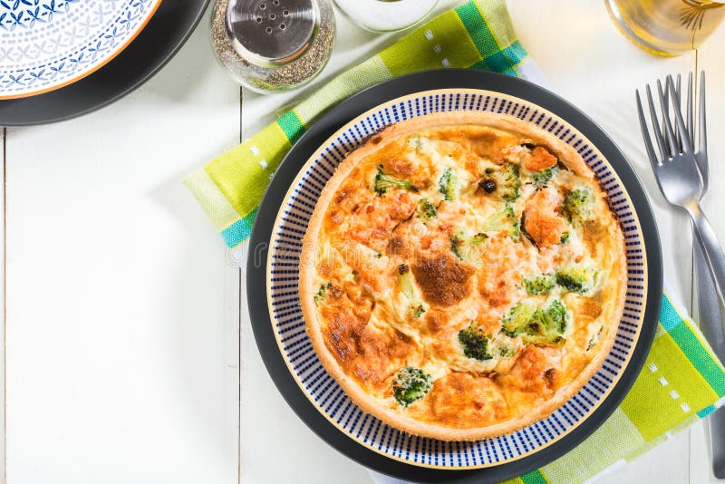 Classic Smoked Salmon and Broccoli Quiche Stock Image - Image of pastry