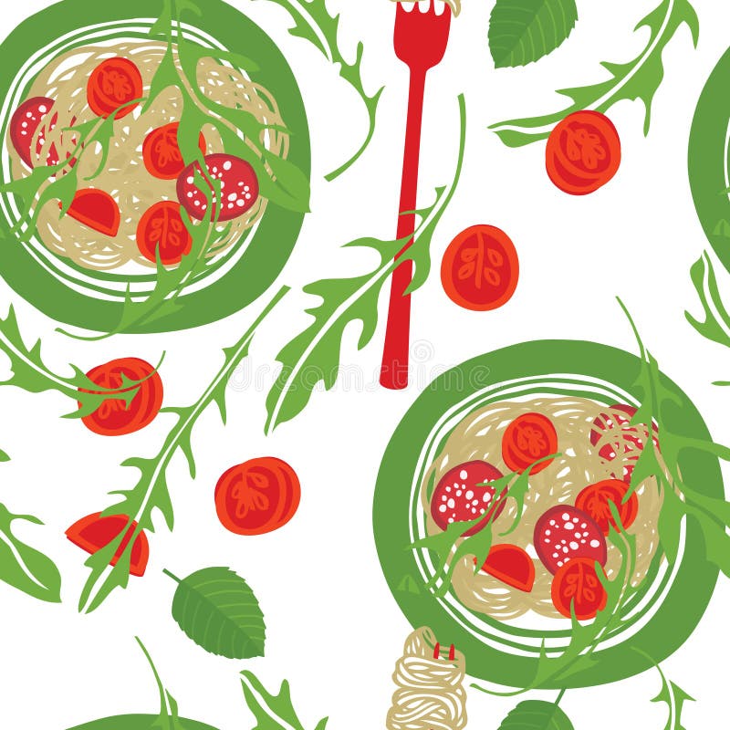 Classic spaghetti with arugula, tomatoes and sausages Seamless pattern