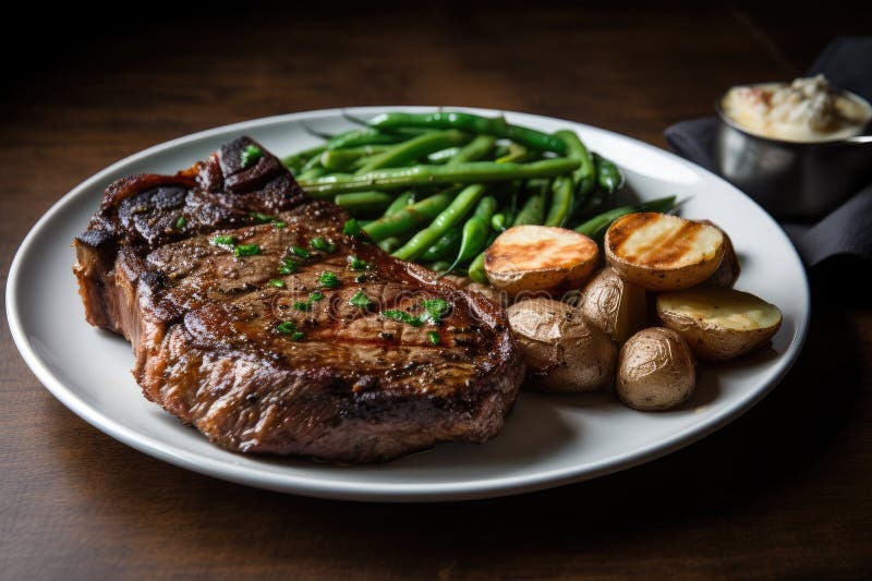 Classic Steak and Potato Dinner, with Roasted Potatoes and Fresh Green
