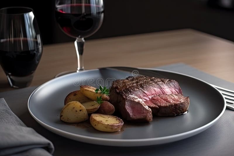 Classic Steak and Potatoes Dinner, Served on White Plate with Red Wine Stock Photo Image of