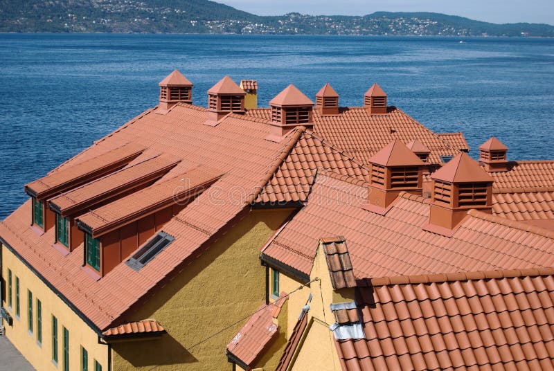 Classic tile roofs with a sea in a background