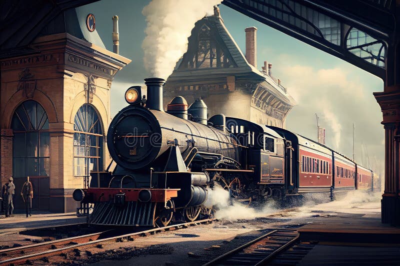 Classic Train Station, with Vintage Carriages and Steam Engine on ...