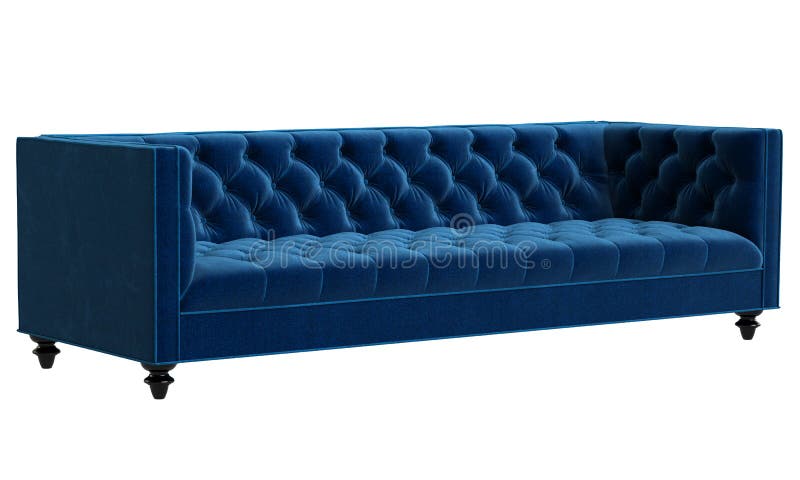 Classic tufted sofa blue velvet isolated on white background