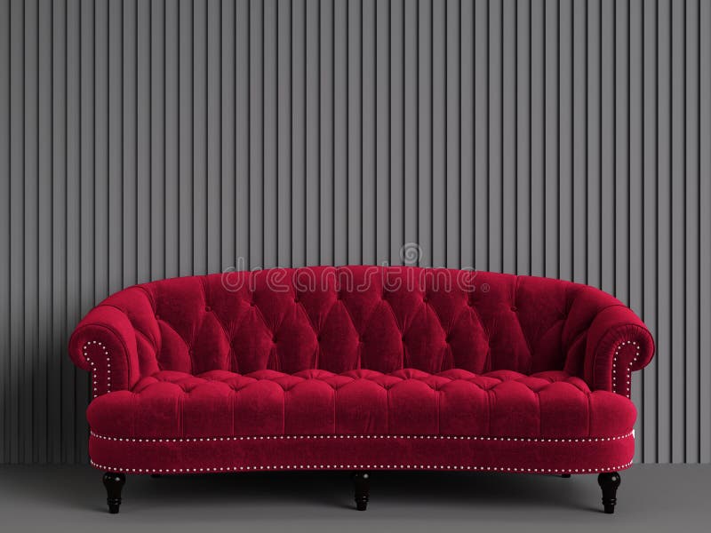 Classic tufted sofa red color in empty grey room with relief stripe wall