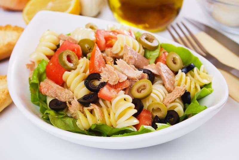 Classic Tuna Salad with Pasta Stock Photo - Image of black, food: 16309912