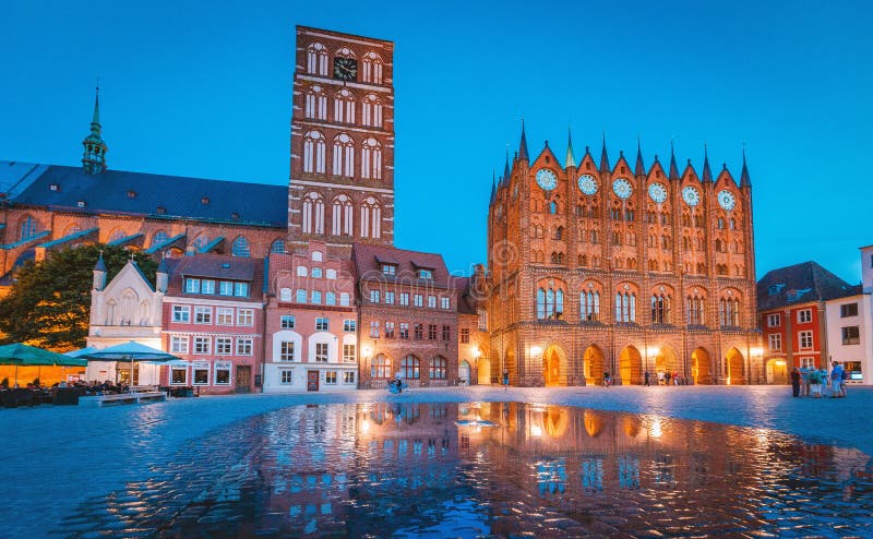 Historic town of Stralsund at twilight, Mecklenburg-Vorpommern, Germany