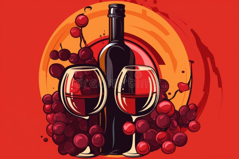 Classic Vector Graphic Representation of Wine Bottle and Glasses