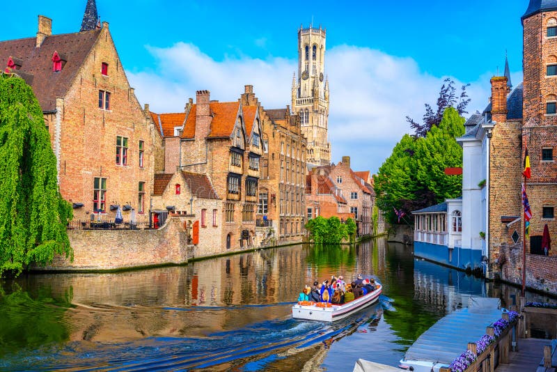 Classic view of the historic city center with canal in Brugge, West Flanders province, Belgium. Cityscape of Brugge