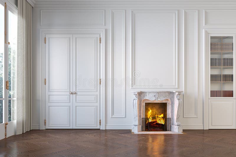 Classic white empty interior with fireplace, moldings, wall pannel, window, door.