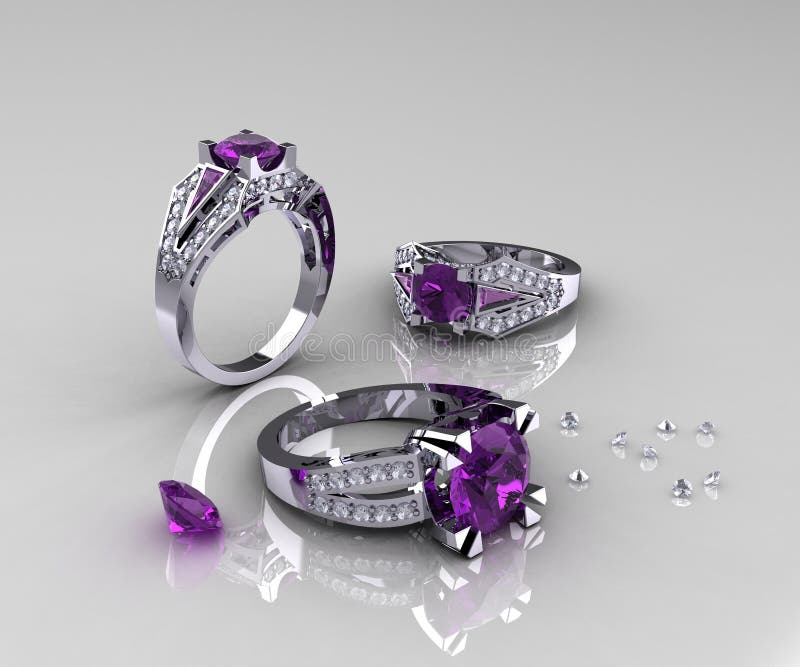 Classic White Gold Amethyst Diamond Engagement Rings vector illustration Classic White Gold Amethyst Diamond Engagement Rings vector illustration
