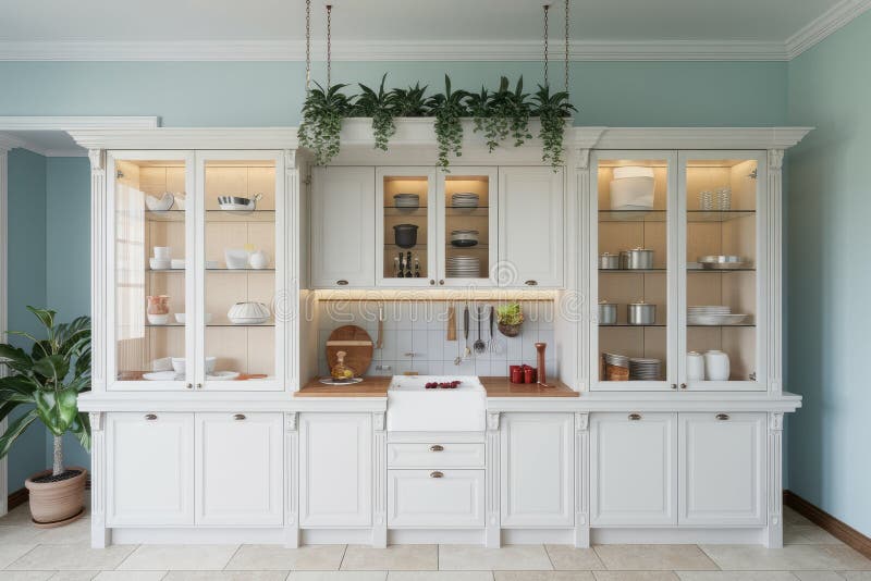 classic-white-kitchen-cabinets-displaying-crockery-and-utensils