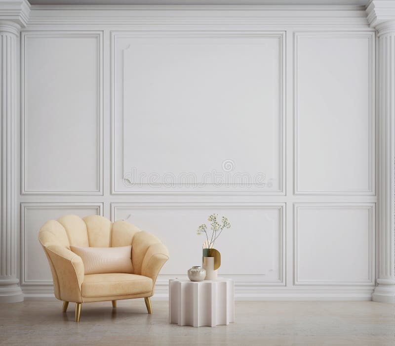 Classic White Room with Armchair Column and Wall Molding Stock