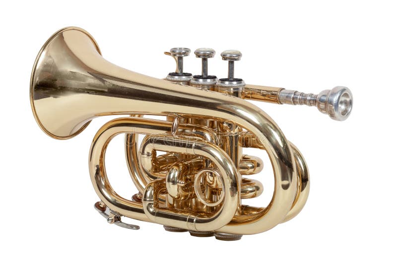 Classic wind musical instrument cornet isolated on white background close-up stock photos Classic wind musical instrument cornet isolated on white background close-up stock photos