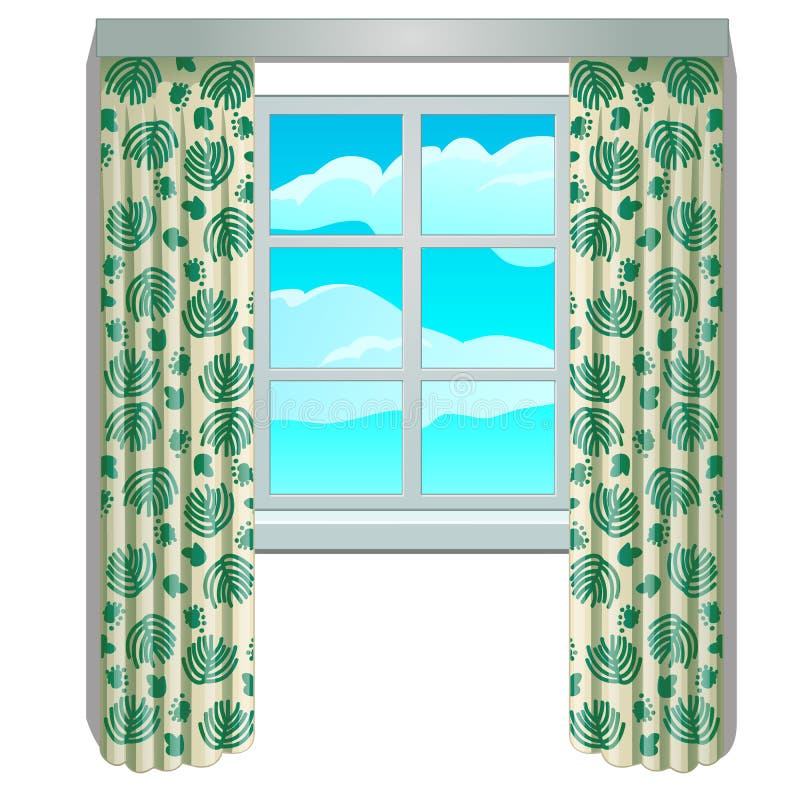 Classic window and view of sky and clouds in frame with beige curtains with floral ornament. Home interior elements stock illustration