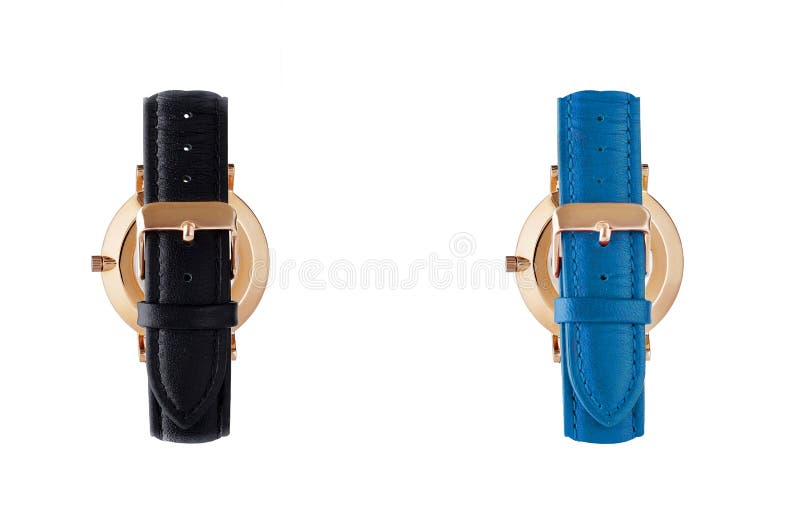 Classic Women Gold Watch Black Dial, Leather Strap, Isolate on White