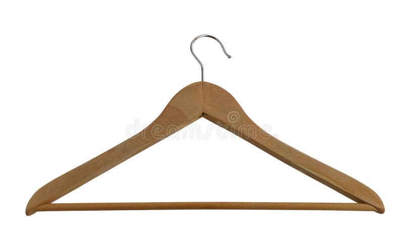 Classic wooden closet hanger with metallic hook stock image