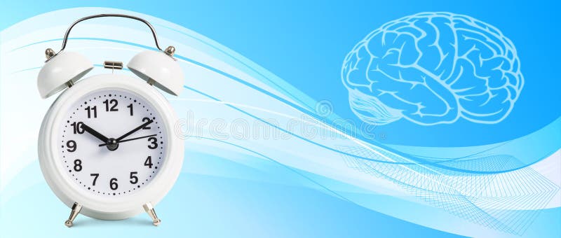 Classical alarm clock stands on the blue abstract background