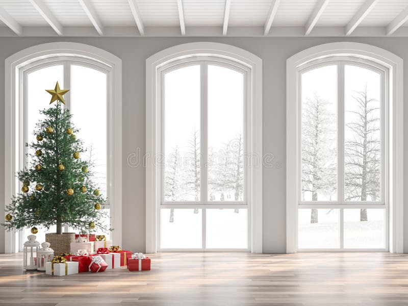 Classical empty room decorate with christmas tree 3d render royalty free illustration