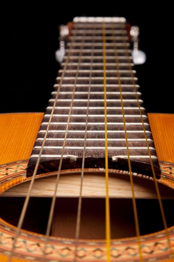 Classical guitar close up on dark