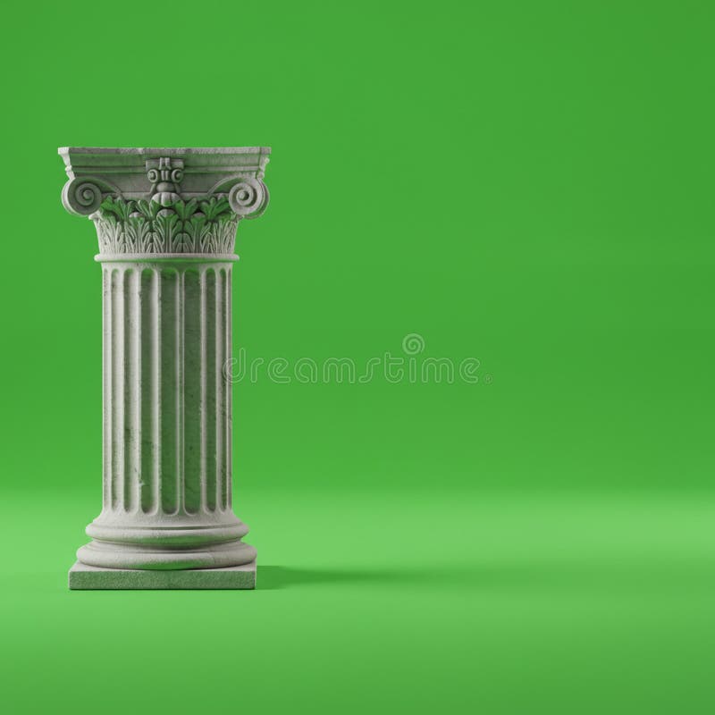 A classical Ionic column stands against a vivid green background. The column stock illustration