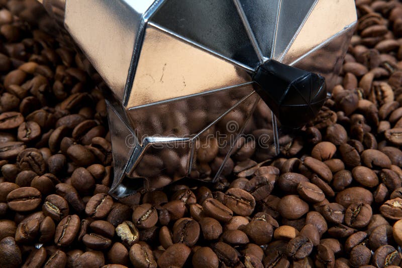 Classical Italian Coffee Maker Pot with Coffee Beans Stock Photo