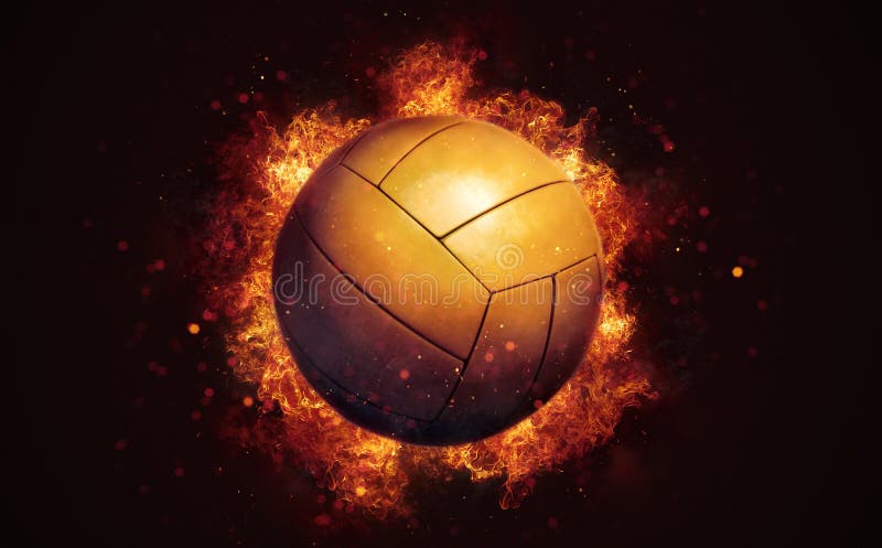 Flying Volleyball Ball in Burning Flames Close Up on Dark Brown ...