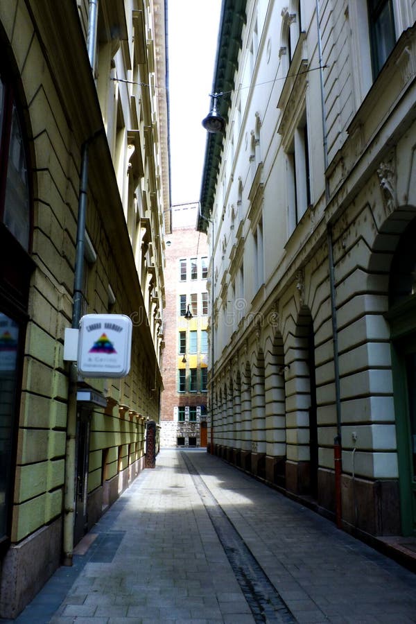 Urban street alley with residential buildings in Budapest, Hungary