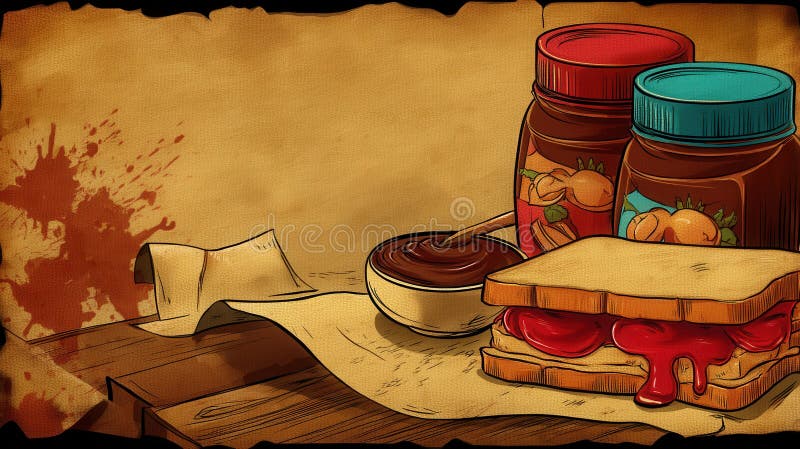 Classici Ingredienti di burro di arachidi e di panini di gelatina sulla tavola di legno con sfondo artistico illustrazione vettoriale