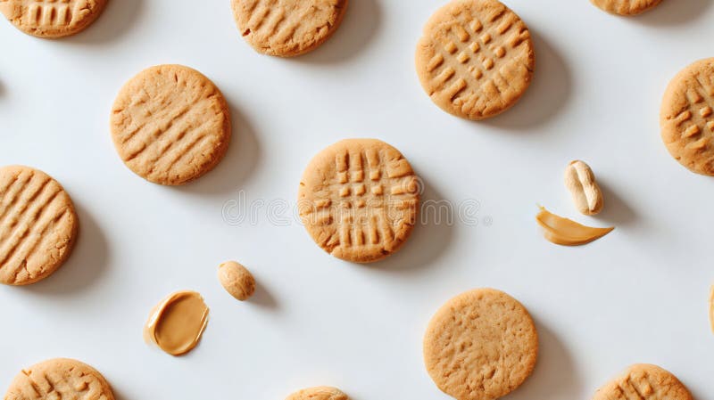 Classico Burro di arachidi Cookes Flat Lay. Biscotti al burro di arachidi croccanti e gommosi disposti in un piatto con burro di arachidi cremoso e noccioline perfetti per ispirare e amanti degli spuntini