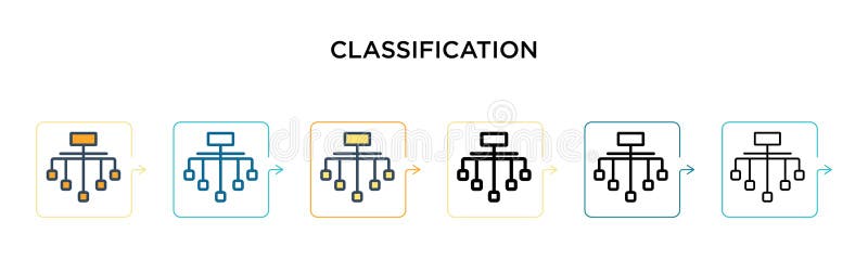 Classification vector icon in 6 different modern styles. Black, two colored classification icons designed in filled, outline, line and stroke style. Vector illustration can be used for web, mobile, ui