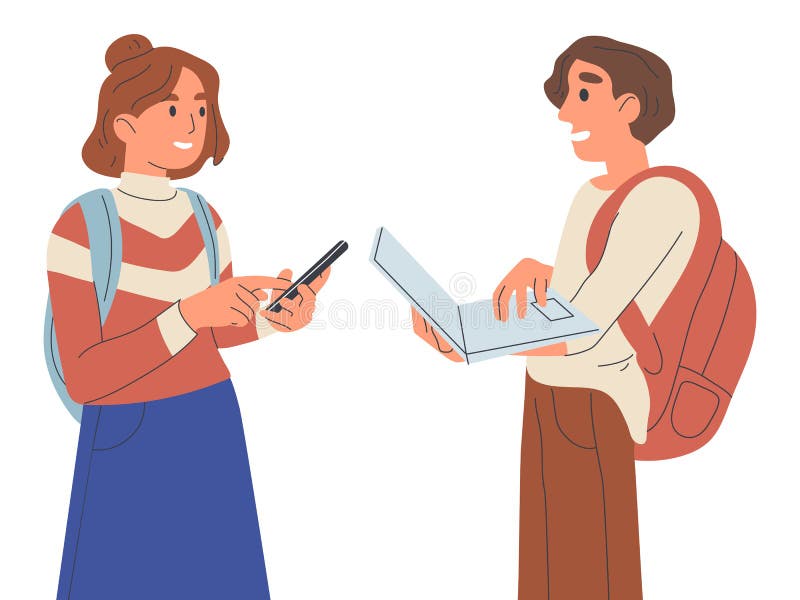 Classmates standing together with gadgets and backpacks. College or high school students, girl and boy chatting flat vector illustration on white background