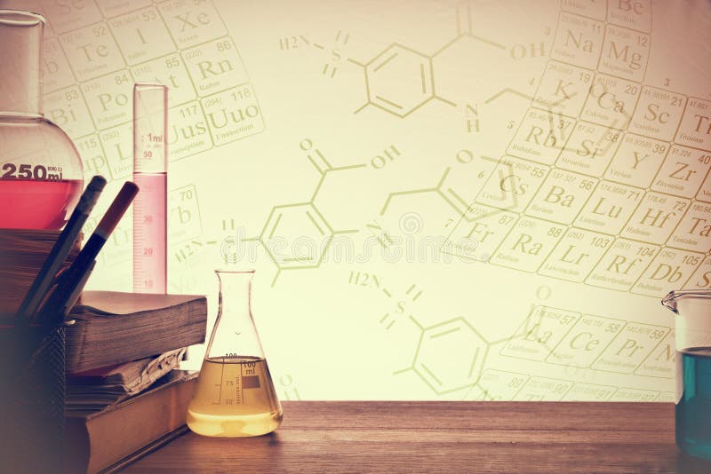 Classroom desk of chemistry teaching background